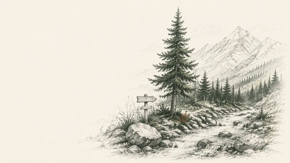 A field-guide drawing of a pine-lined mountain trail and signpost